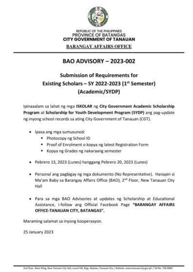 ANUNSYO TANAUEÑO | Submission of Requirements for Existing Scholars – S.Y. 2022-2023 (First Semester)