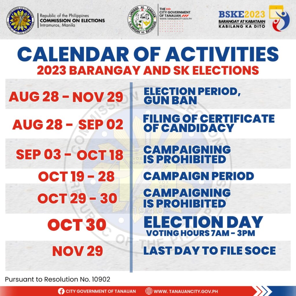 Barangay and SK Elections Calendar of Activities 2023 Tanauan City